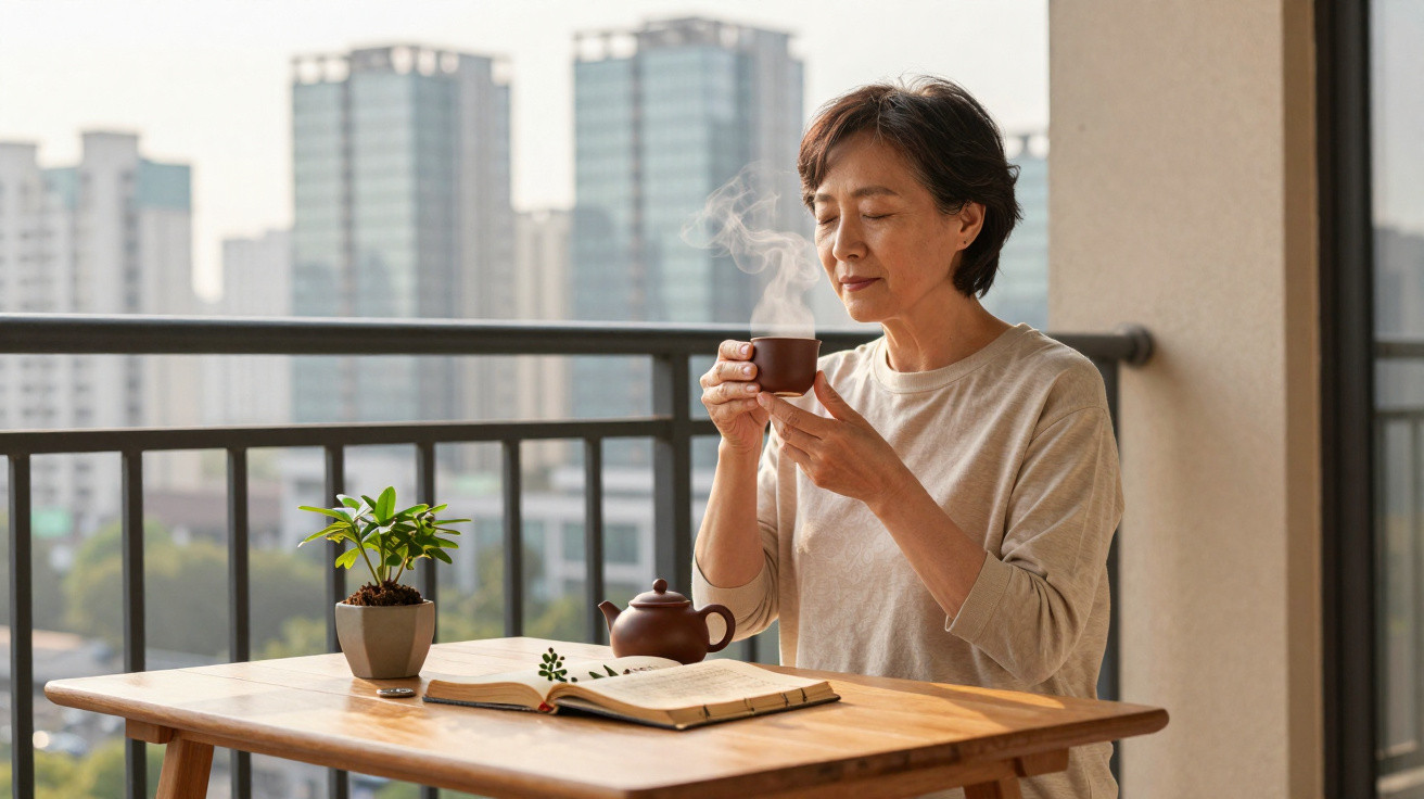 Woman enjoying a hot drink on a balcony with city buildings in the background, a book and plant on the table.
