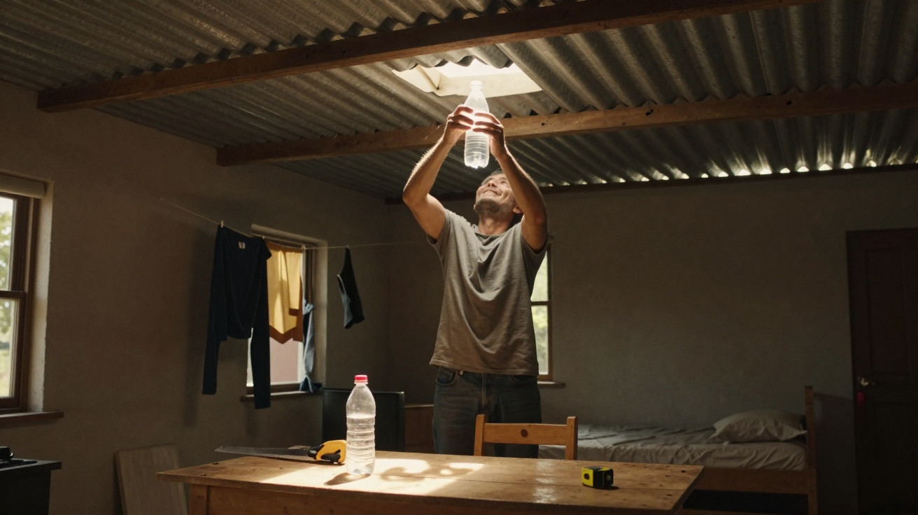 Man inspecting a plastic water bottle under a ceiling light in a simple room with a wooden table and bed.
