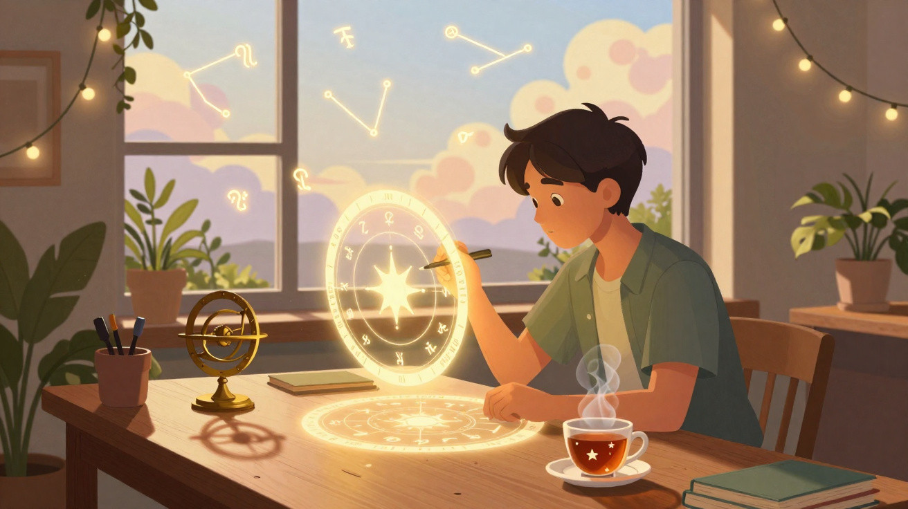 Young person studying glowing astrology charts at a wooden table in a cozy, sunlit room.