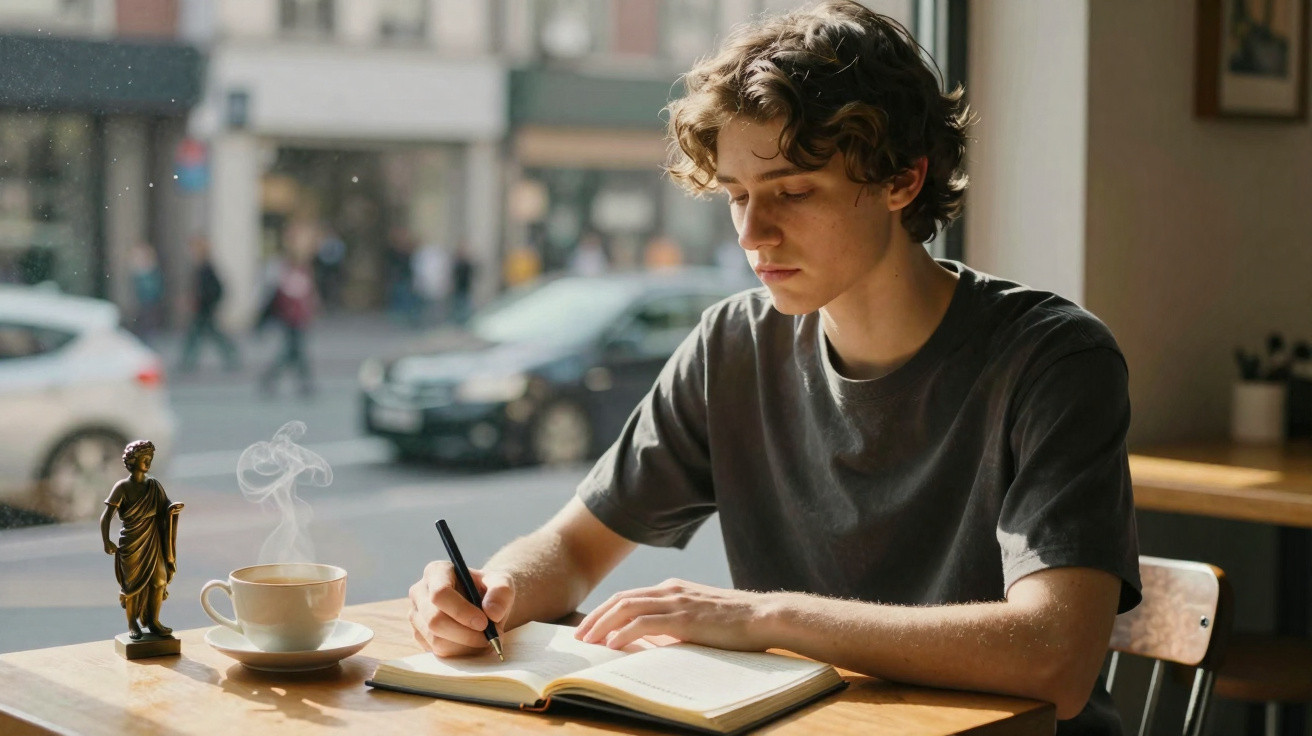 Young man writing in notebook at a table with a steaming cup of coffee and a statue by a window overlooking a street.