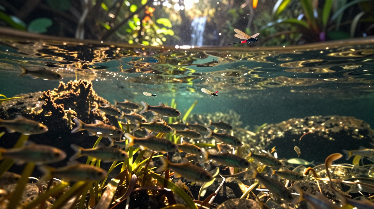 Underwater view of school of fish swimming near plants with dragonflies hovering above water surface.