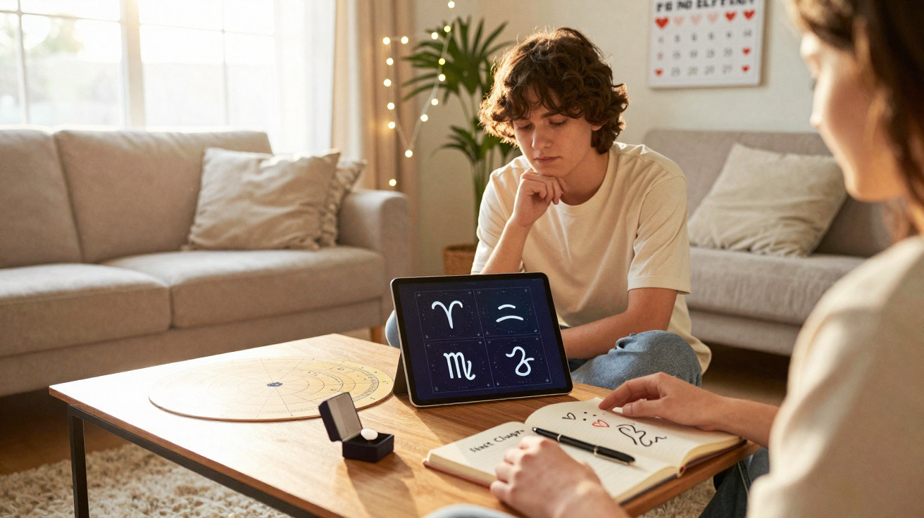 Two people sitting at a table with astrology charts and zodiac signs on a tablet and notebook in a cosy living room.