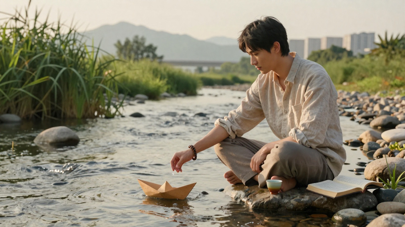 Young man sitting by a riverbank playing with a paper boat, with an open book and cup beside him.