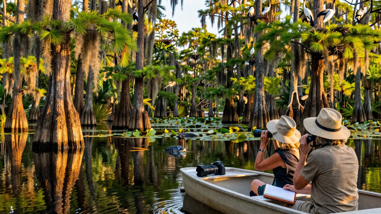 Two people in hats photographing wildlife from a boat in a swamp with cypress trees and lily pads at sunset.