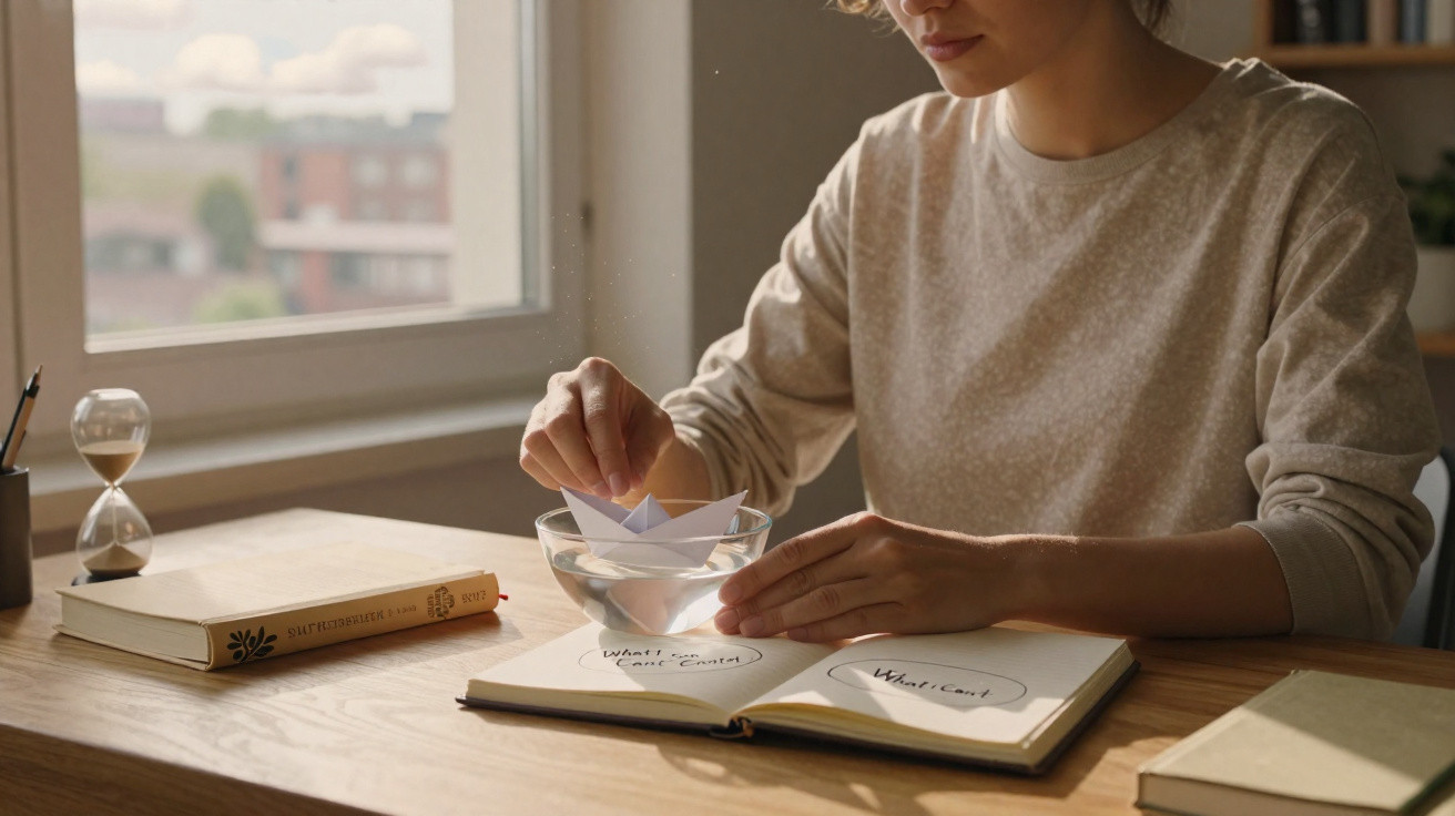 Person placing a paper boat in a bowl of water next to a journal open to a page titled "What I Can" on a wooden desk.