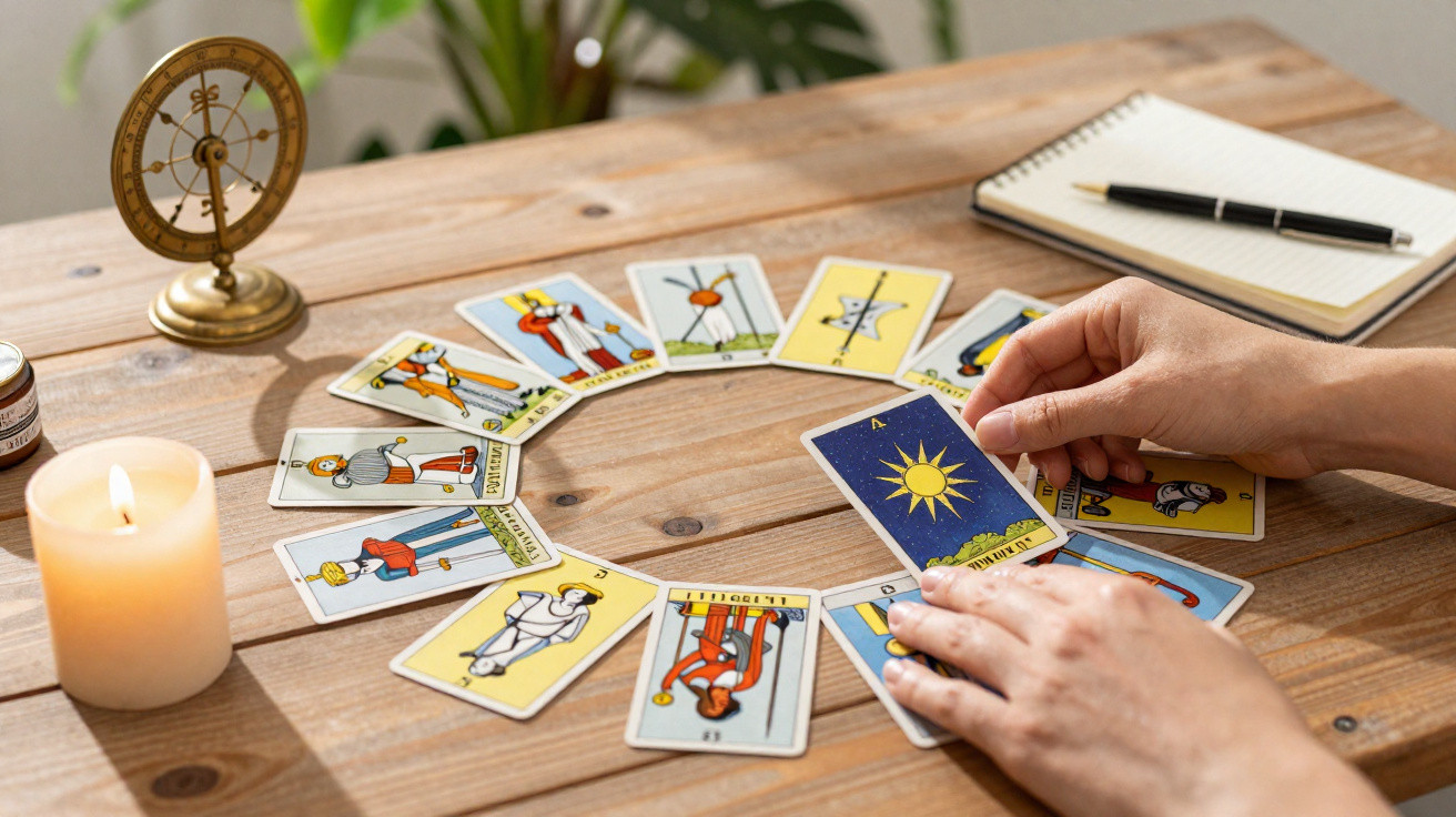 Hands holding The Sun tarot card in a circle of tarot cards on a wooden table with candle, notebook, and compass.