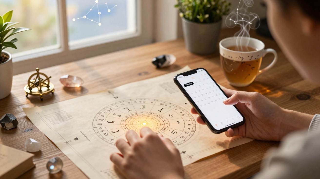 Person using a smartphone with an astrology chart on paper, surrounded by crystals, a plant, and a cup of tea on a wooden tab