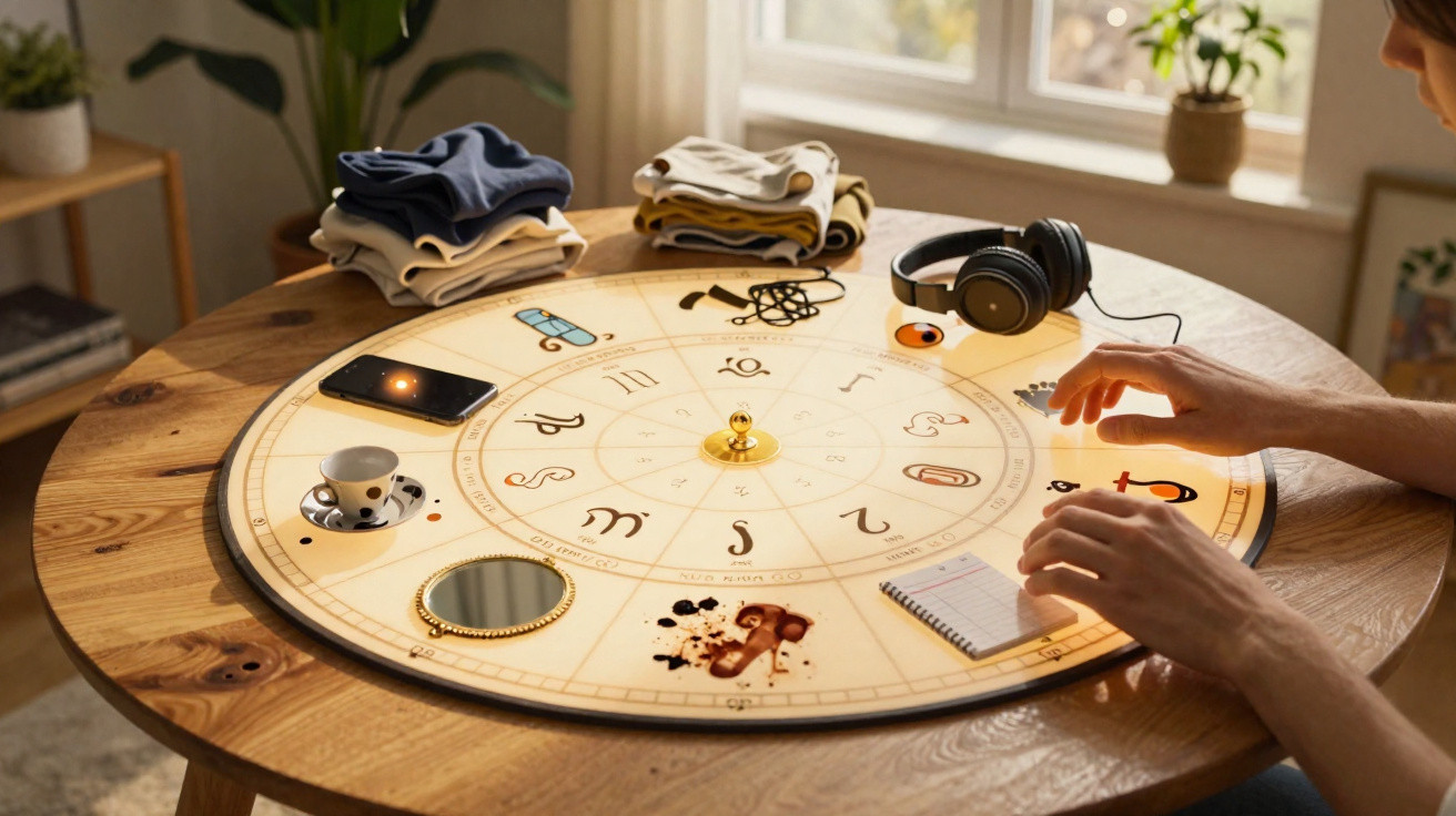 Person placing objects on a zodiac wheel on a wooden table with clothes, headphones, and a window in the background.