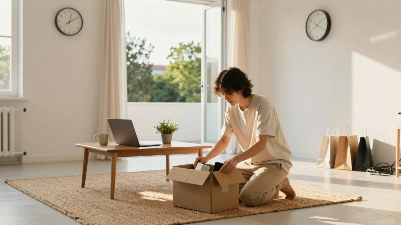 Person kneeling on a rug unpacking a cardboard box in a bright room with a laptop and shopping bags nearby.