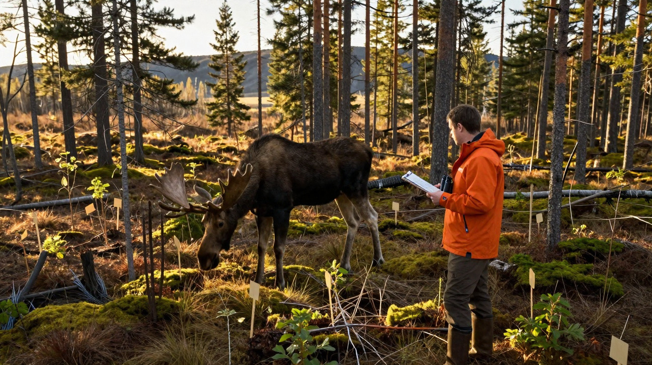 Man in orange jacket holding clipboard observing a moose in a sunlit forest clearing.