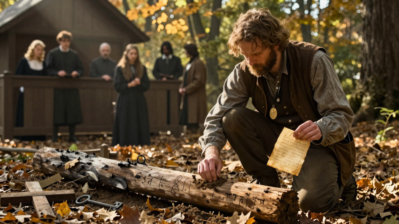A man kneels in a forest, examining a wooden log with symbols while holding a handwritten note.
