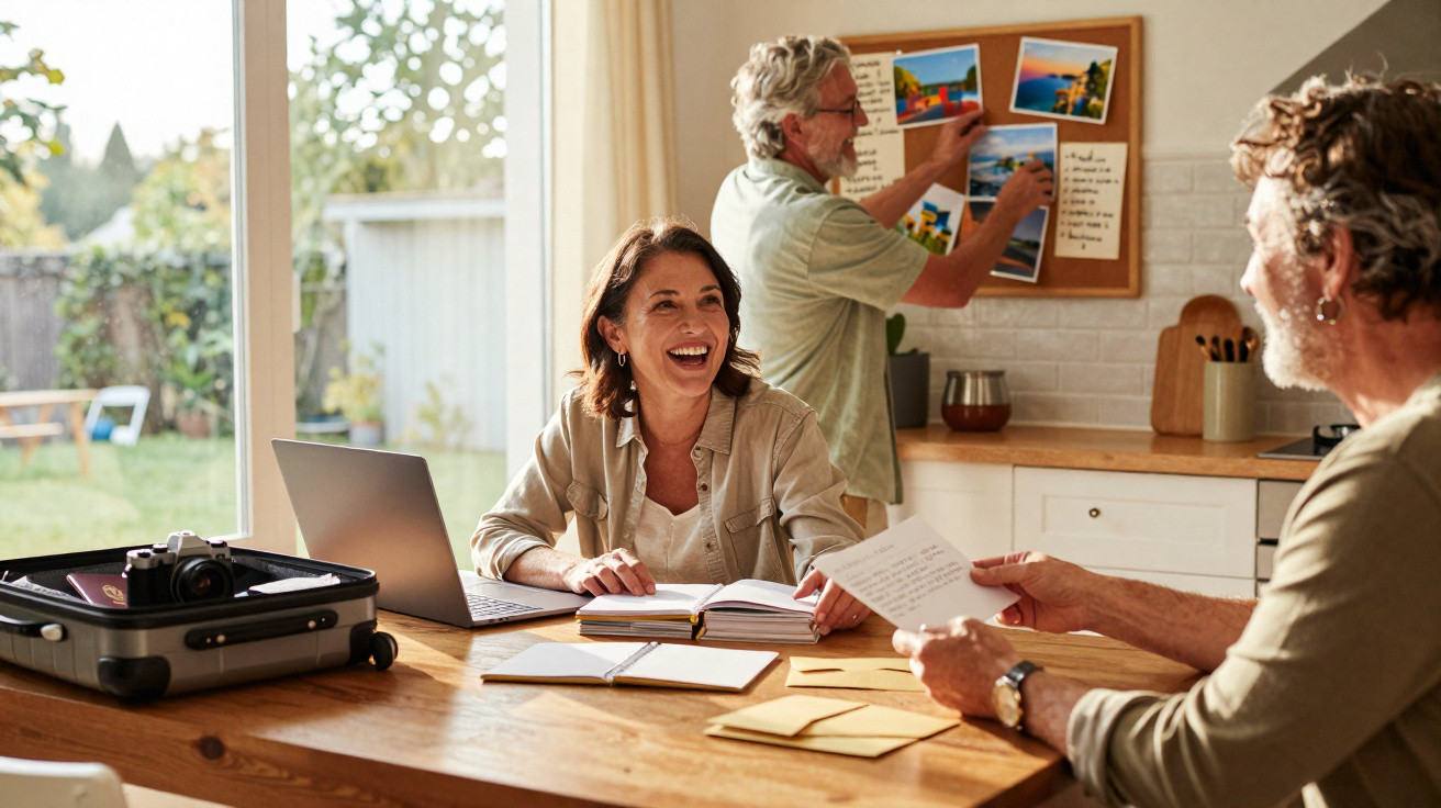 Three adults planning a trip at a kitchen table with photos, notebooks, and a laptop in a bright room.