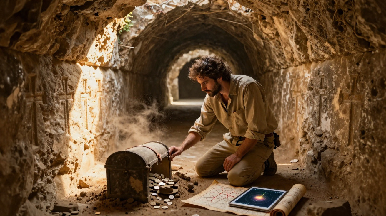 Man kneeling in a cave next to an open treasure chest with gold coins and old maps scattered around.