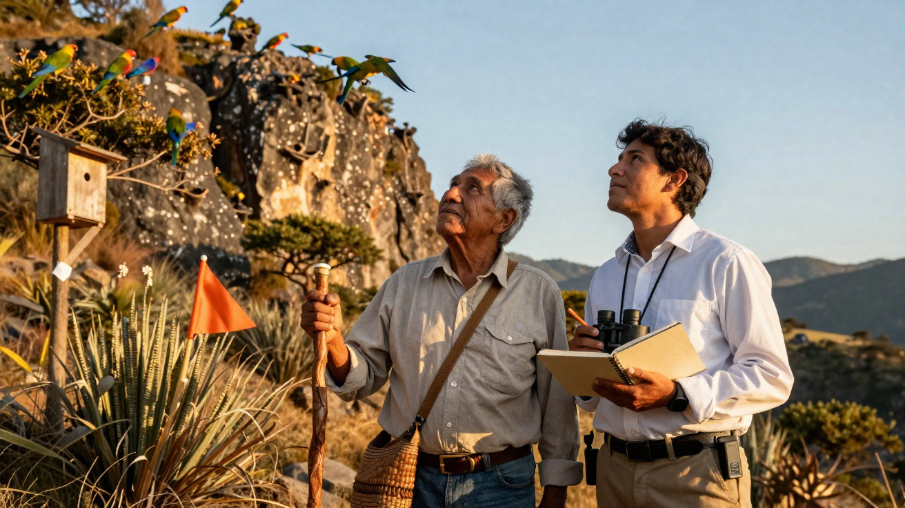 Two men observing colourful birds on a rocky hillside with nature and mountains in the background.
