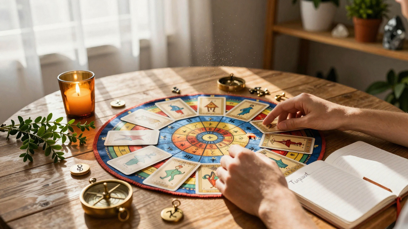 Person arranging tarot cards on a colourful zodiac wheel mat with candle and compass nearby on wooden table.