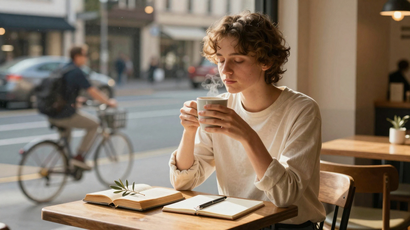 Young person sitting at a café table, holding a steaming cup, with an open book and notebook in front of them.