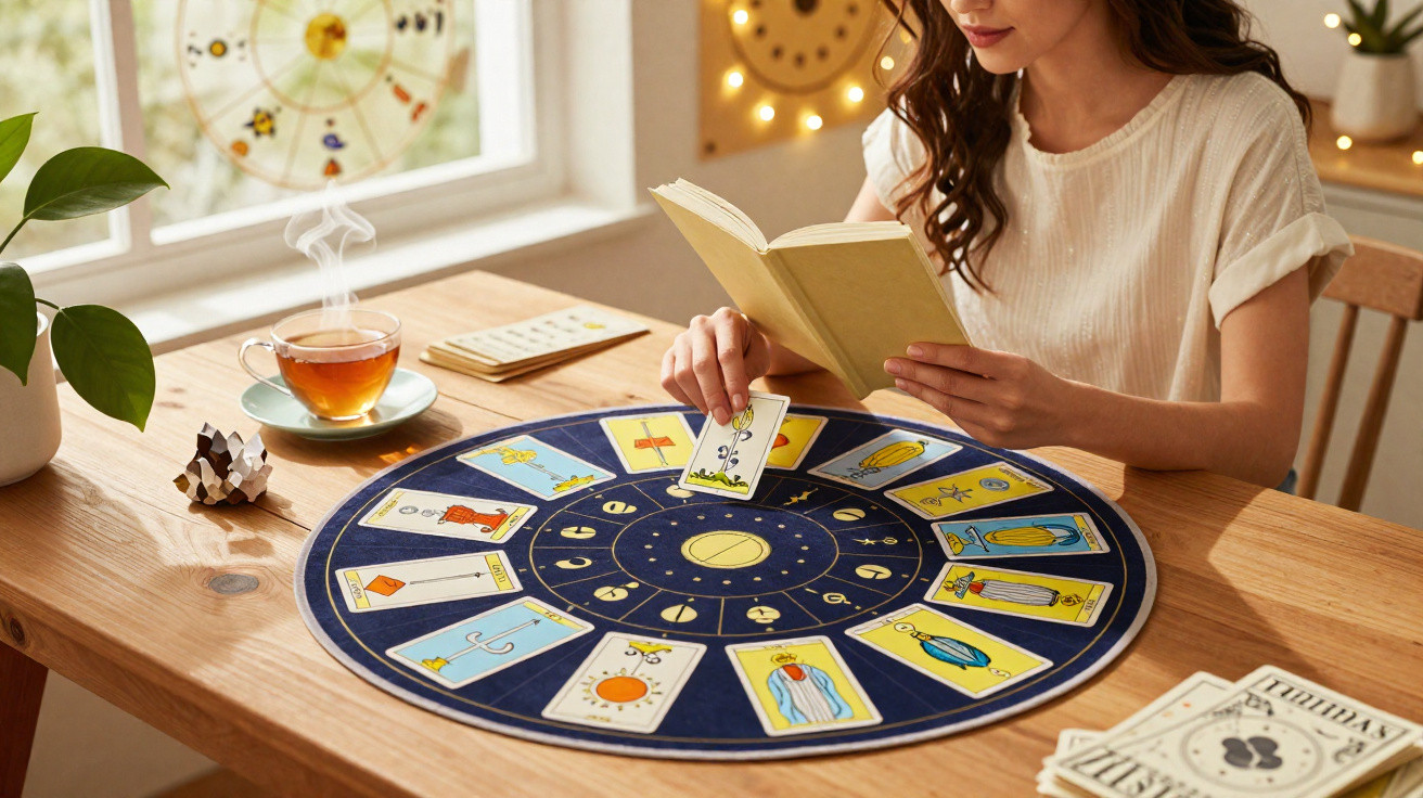 Woman reading a book and holding a tarot card over a zodiac-themed tarot mat on a wooden table with tea nearby.