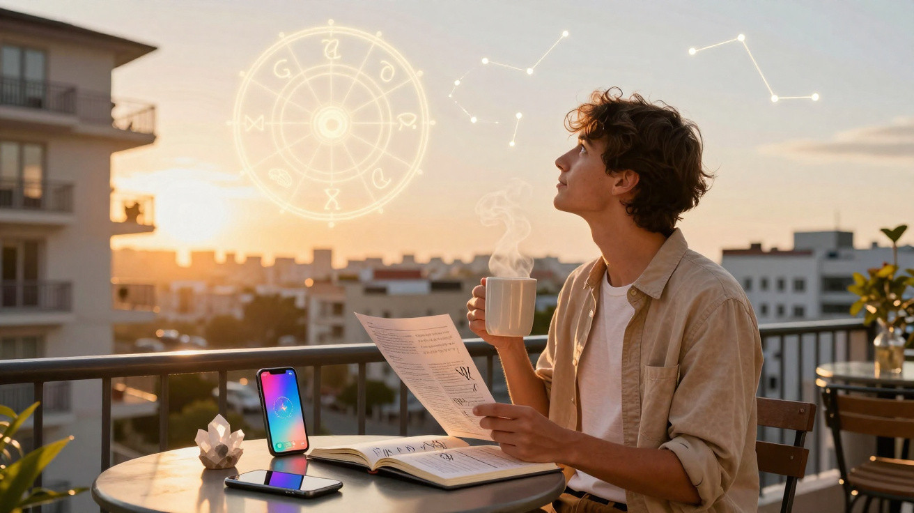 Young person drinks coffee while reading astrology on a balcony at sunset with zodiac wheel and constellation graphics.