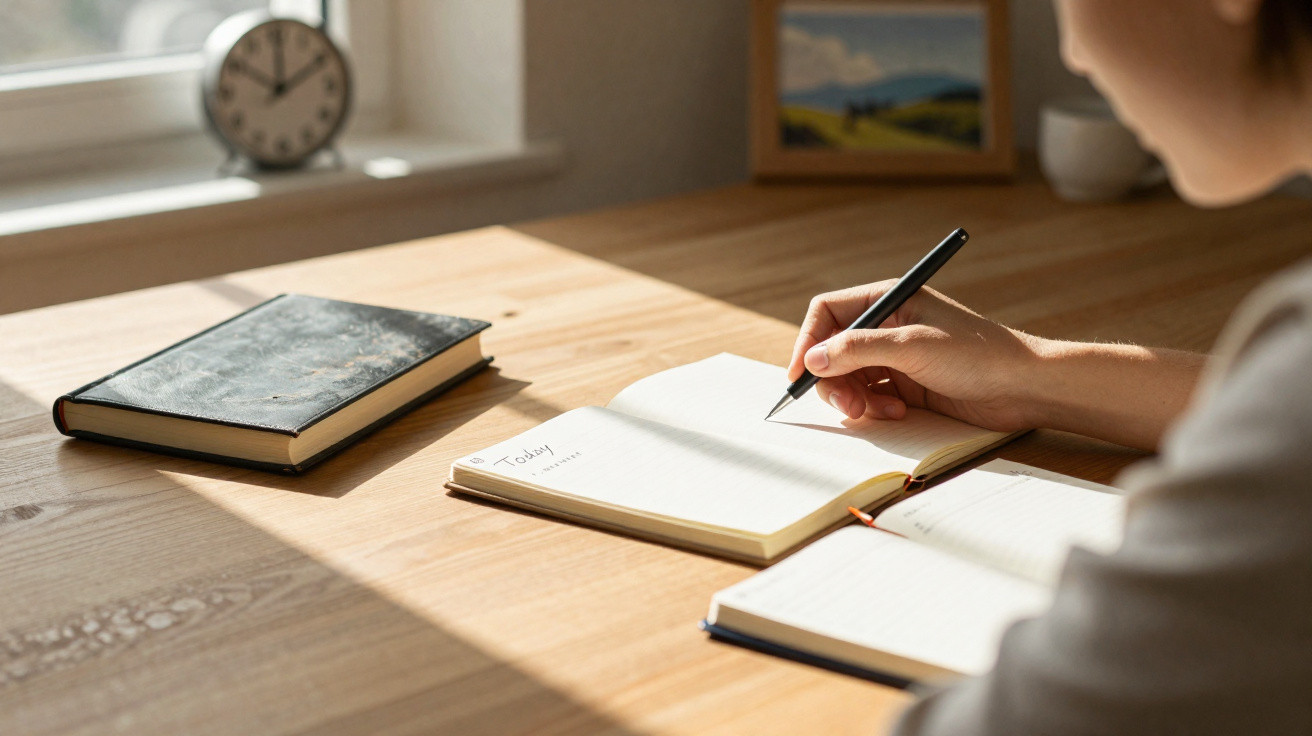 Person writing in a notebook on a sunlit wooden desk with a clock, books, and a framed picture nearby.