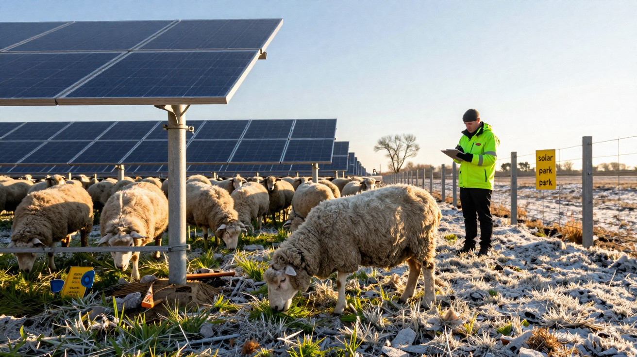 Sheep grazing under solar panels with a person in a high-visibility jacket checking a tablet nearby on frosty ground.
