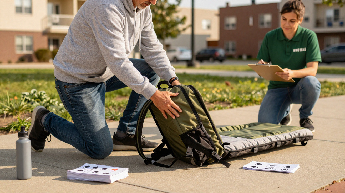 Person kneeling on pavement unpacking a green backpack while another person takes notes on a clipboard nearby.
