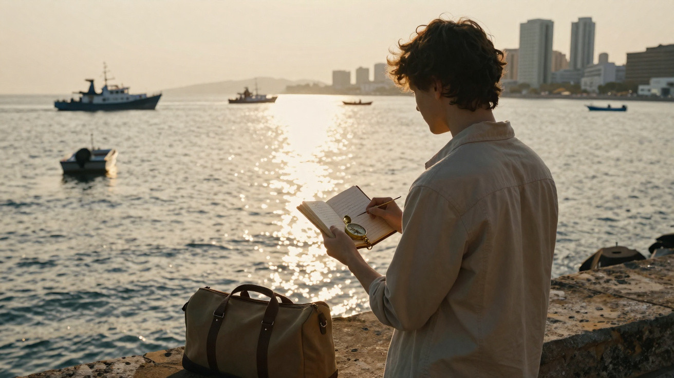 Person writing in a notebook by the sea at sunset with boats on the water and city skyline in the background.