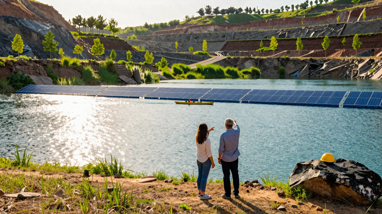 Two people stand by a lake with floating solar panels and a yellow boat in a quarry landscape.