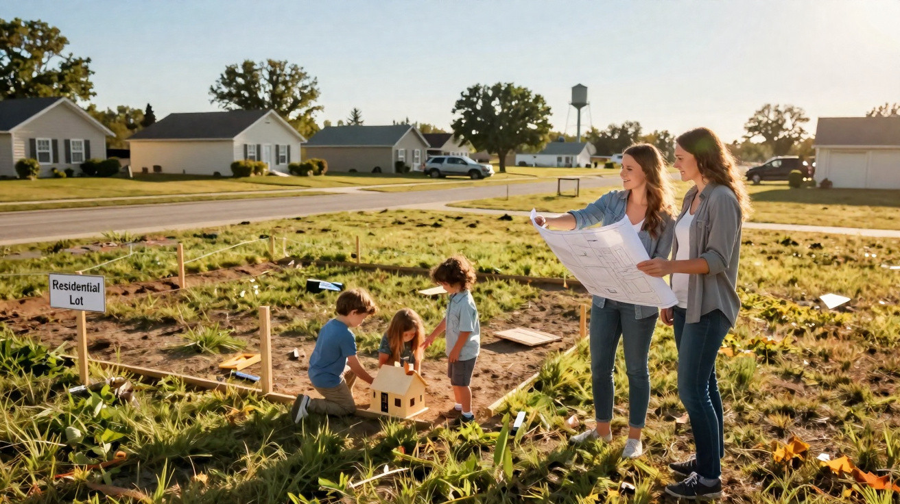 Two women examining house plans while three children play with a toy house on a marked residential lot.