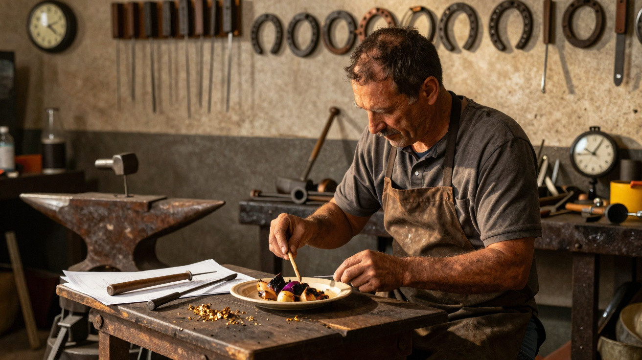 Middle-aged man in a workshop carefully crafting small objects on a plate at a wooden table.