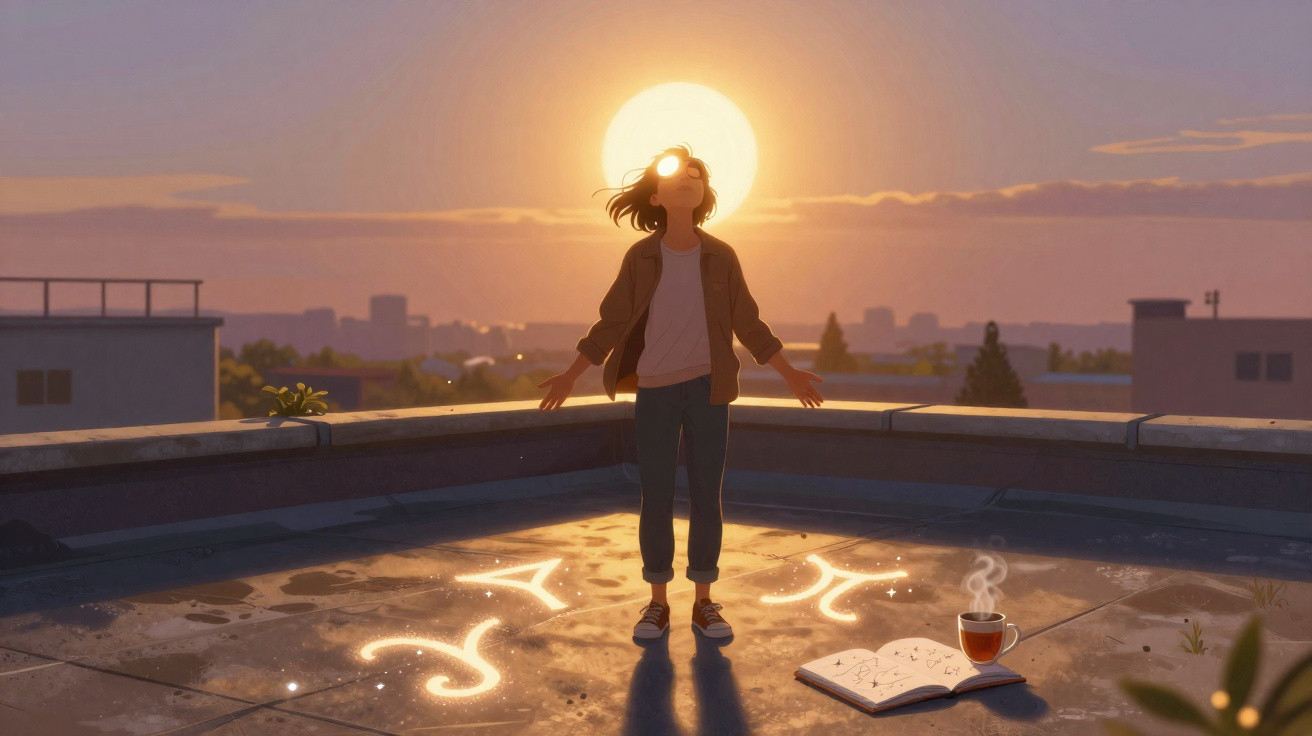 Person standing on rooftop in sunset with glowing zodiac signs and a steaming cup beside an open book.
