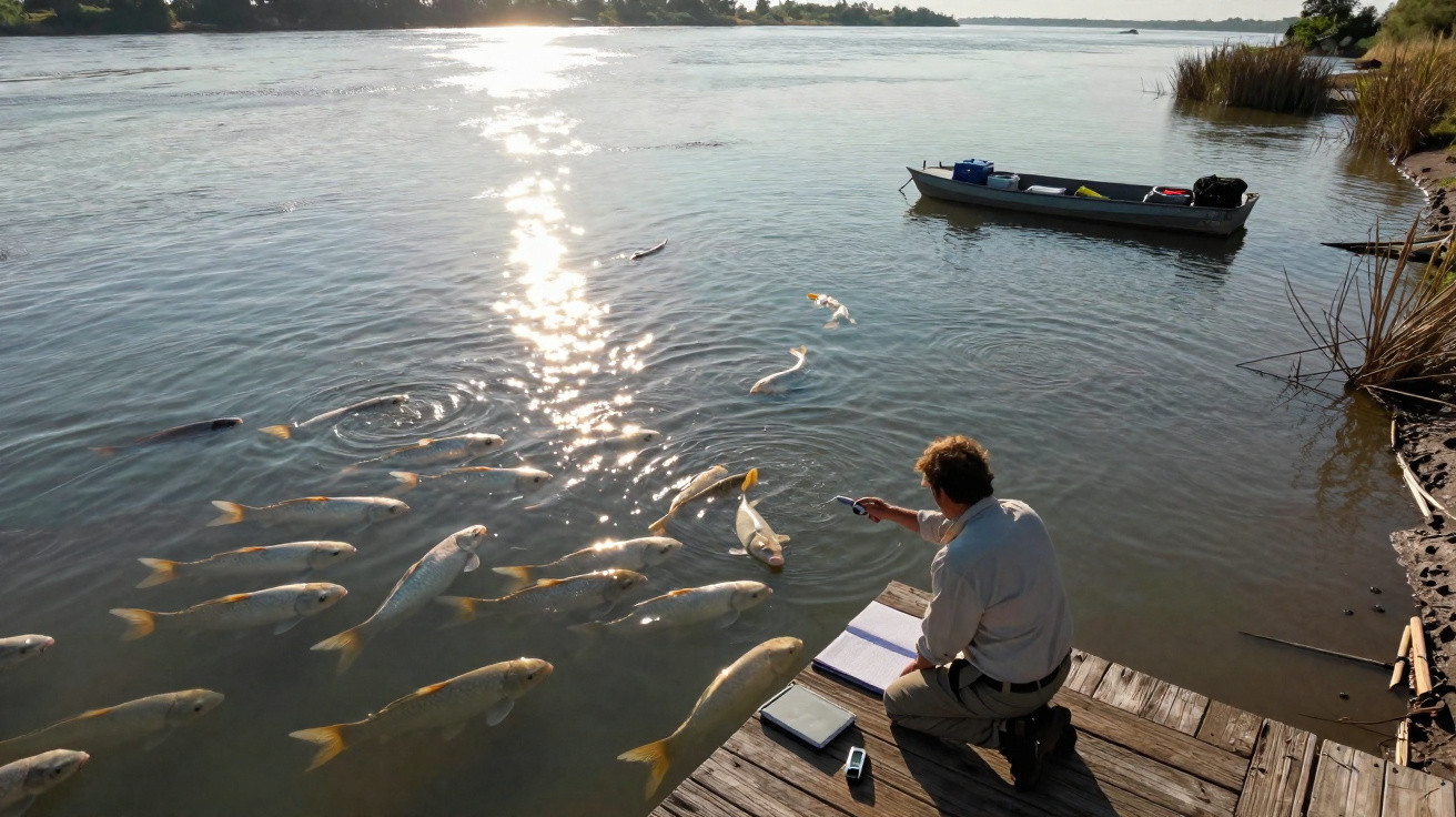 Man kneeling on a wooden dock feeding fish in a river with a small boat nearby at sunset.