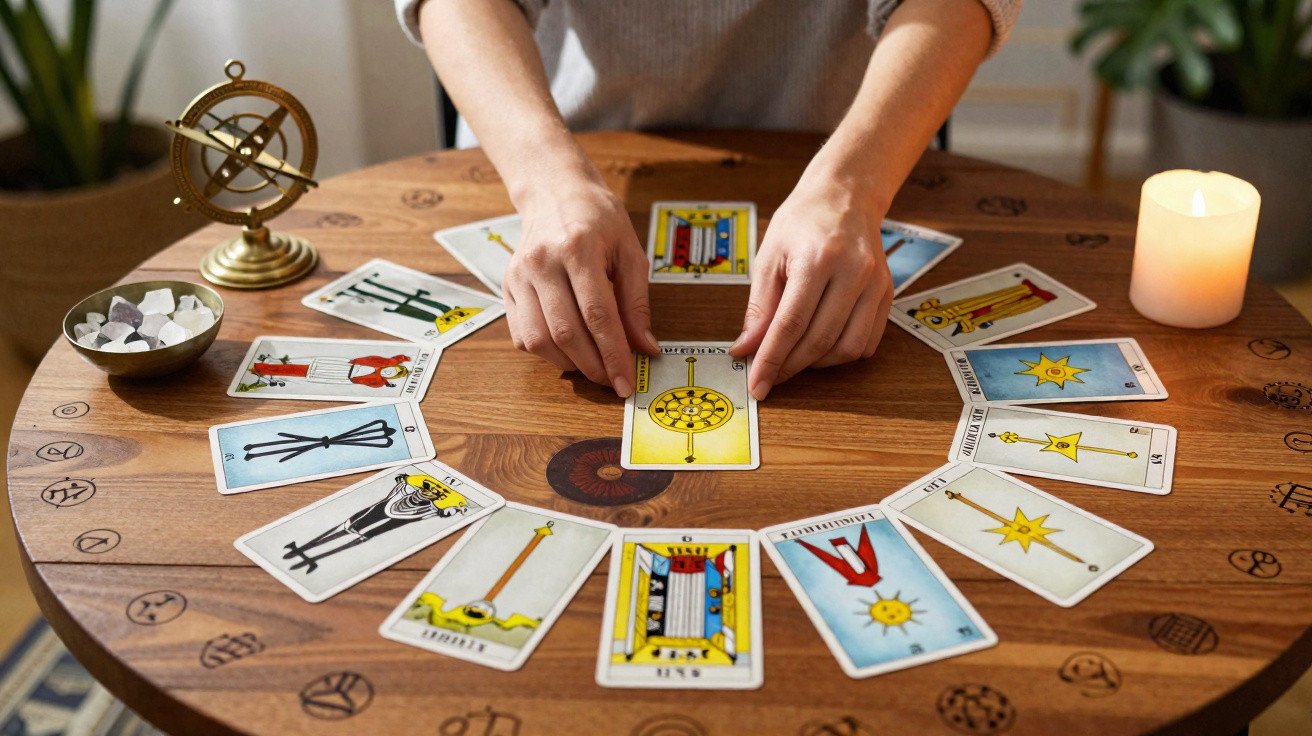 Person laying tarot cards in a circular spread on a wooden table with a lit candle and crystals nearby.