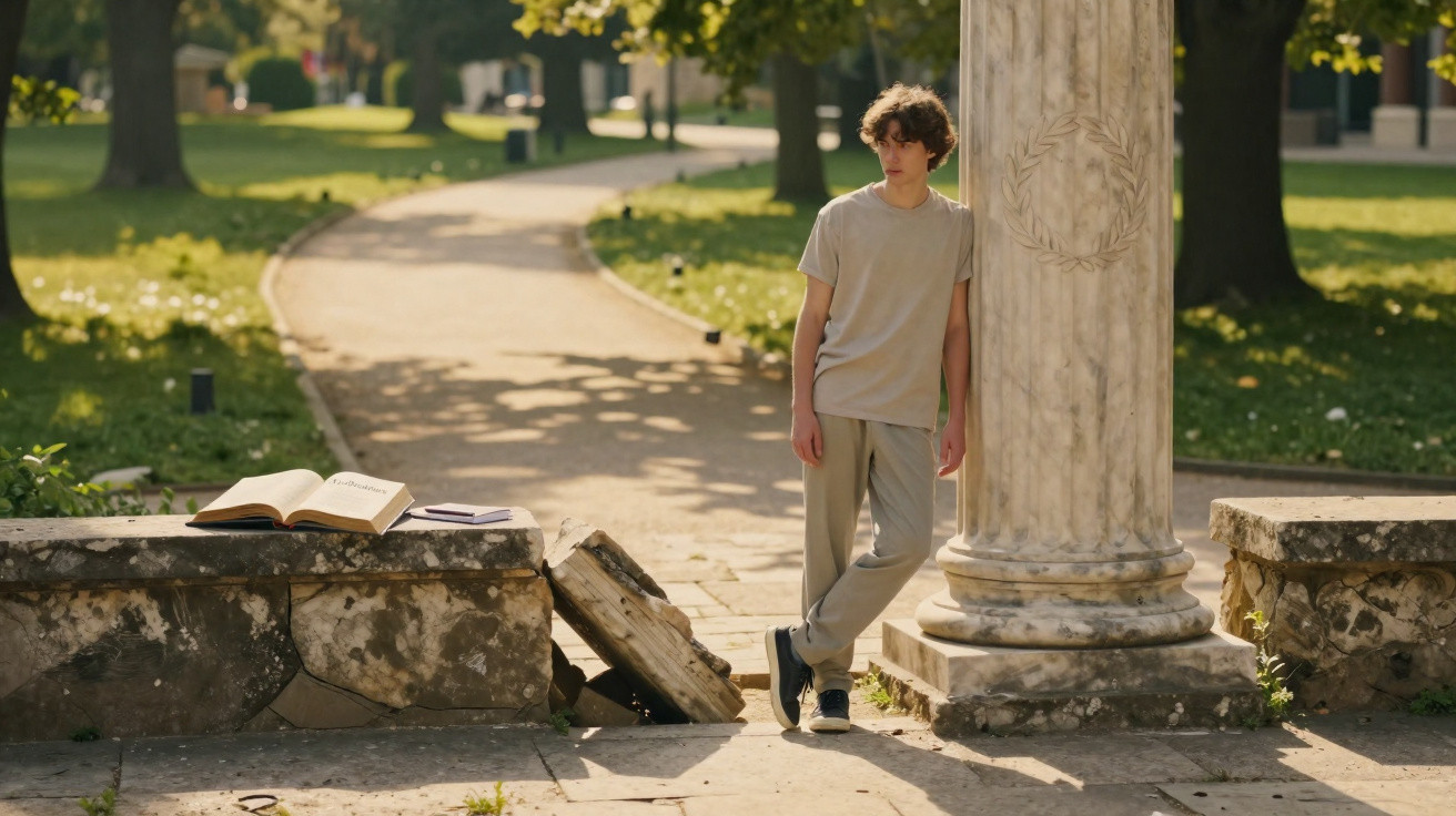 Teenage boy in casual clothes leaning against a marble column in a sunlit park with an open book nearby.