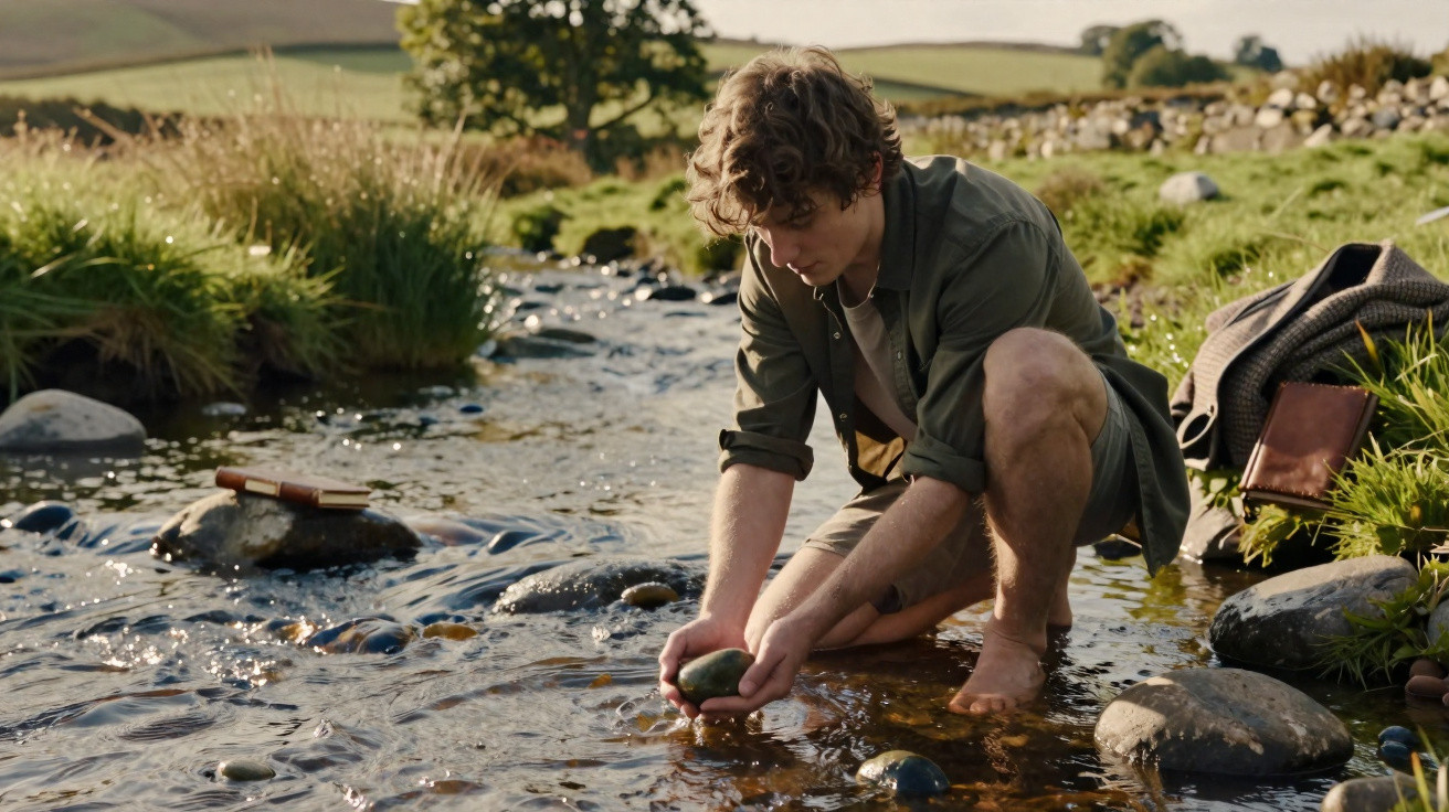 Young man crouching barefoot in a shallow stream, holding a stone, surrounded by grass and countryside.