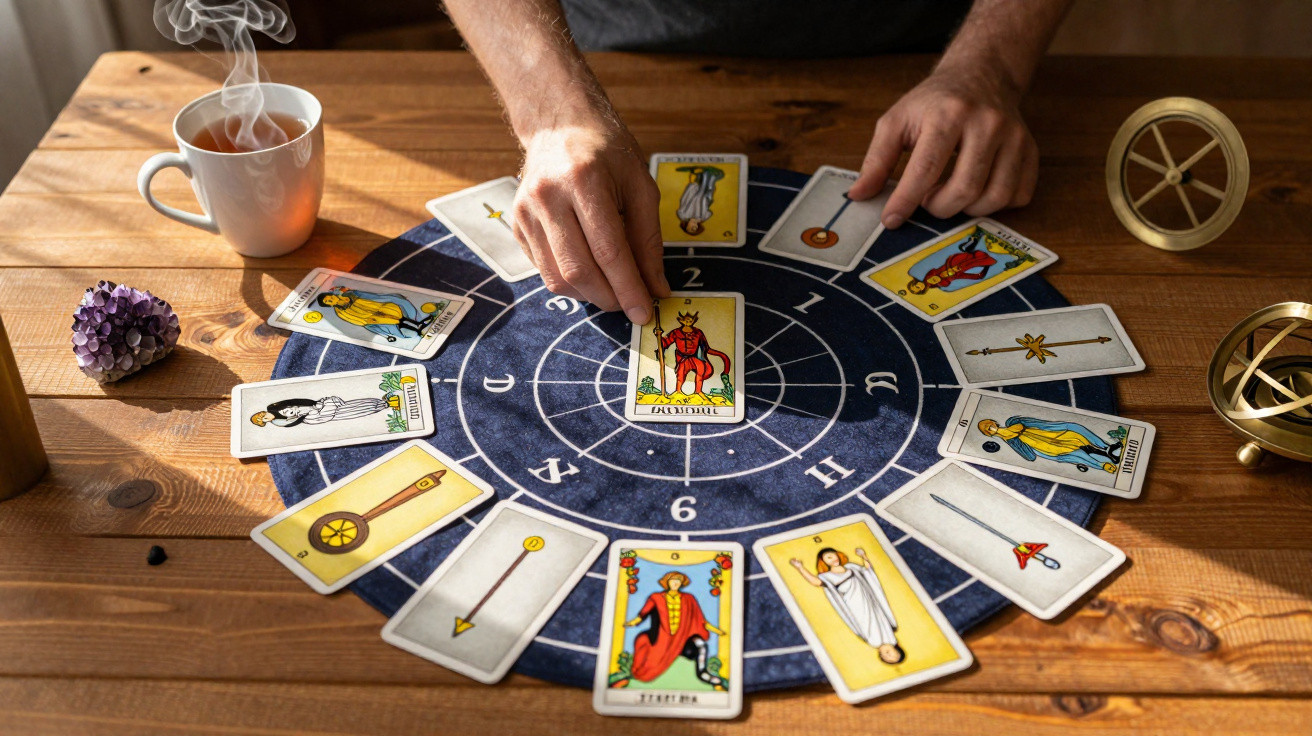 Hand placing a tarot card on a circular zodiac cloth with tarot cards, a steaming cup, and crystals on a wooden table.