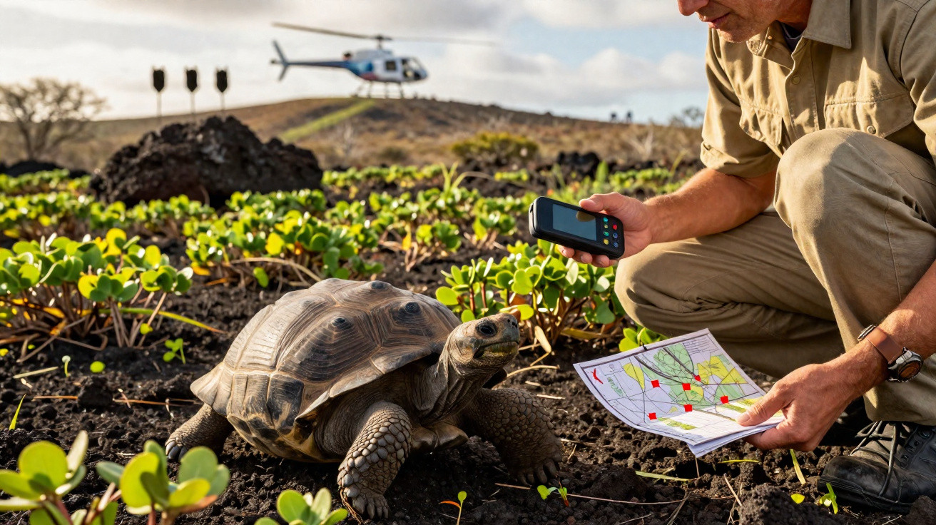 Researcher kneels with map and tracking device near a large tortoise on volcanic soil, helicopter in background.