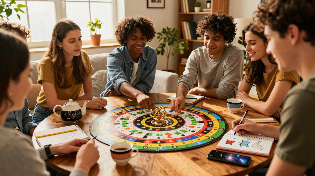Group of six young adults playing a colourful board game around a wooden table in a bright room