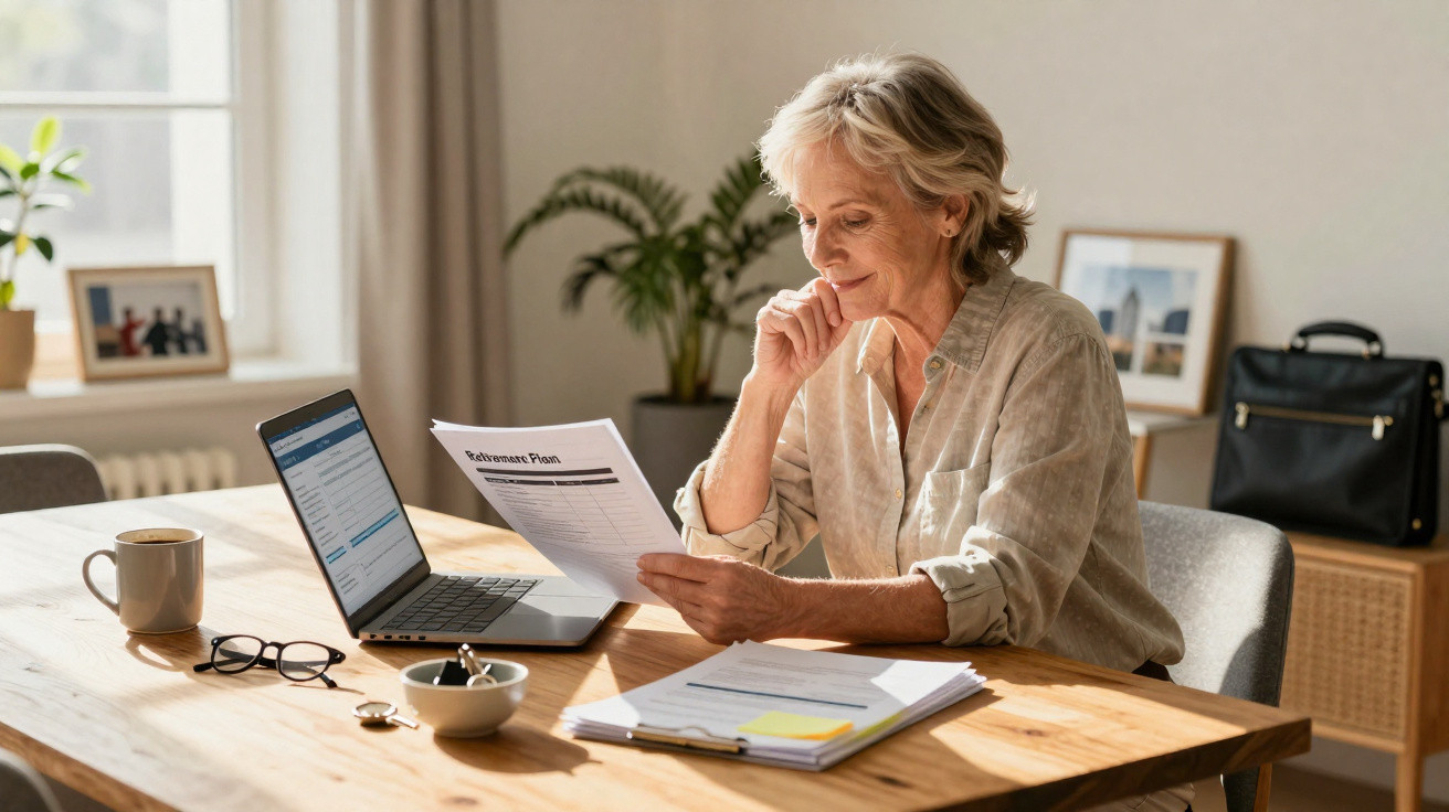 Older woman sitting at a wooden table reading a retirement plan document with a laptop and papers nearby in a bright room.