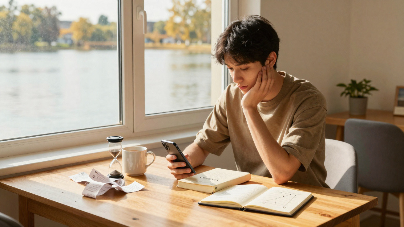 Young man sitting at a wooden table by a window, looking at his phone with notebooks and a mug nearby.