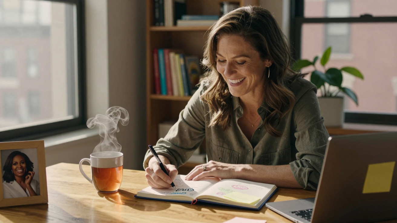 Woman smiling while writing in a planner at a wooden desk with a steaming cup of tea and a laptop nearby.