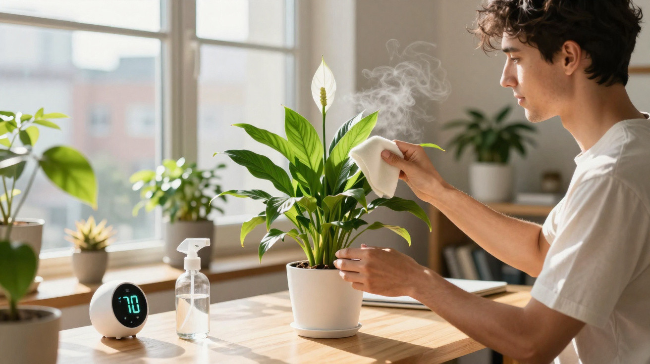 Young man cleaning a peace lily plant in a sunlit room with a humidifier and humidity monitor on the table.
