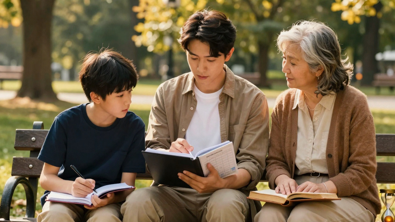Three generations study together on a park bench, with books and notebooks in hand on a sunny day.
