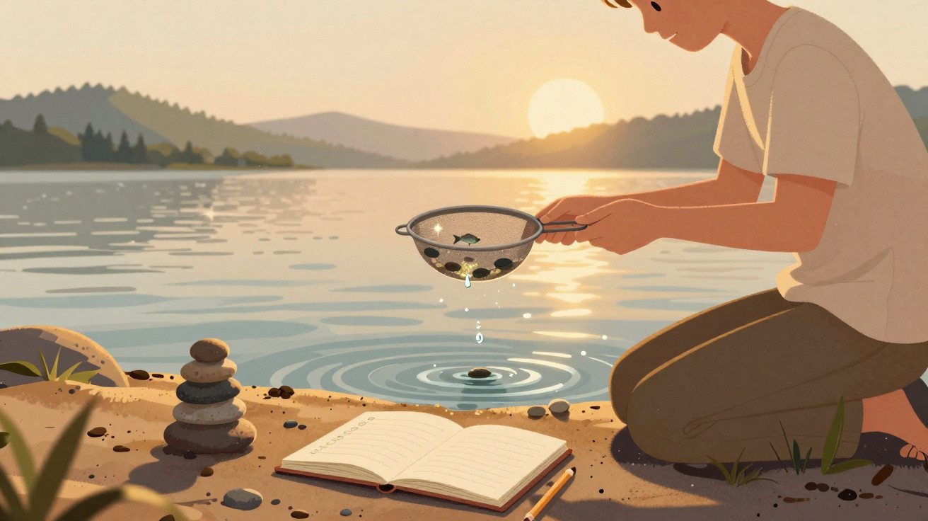 Person kneeling by a lakeside at sunset, holding a sieve with small fish, next to an open notebook and stacked stones.