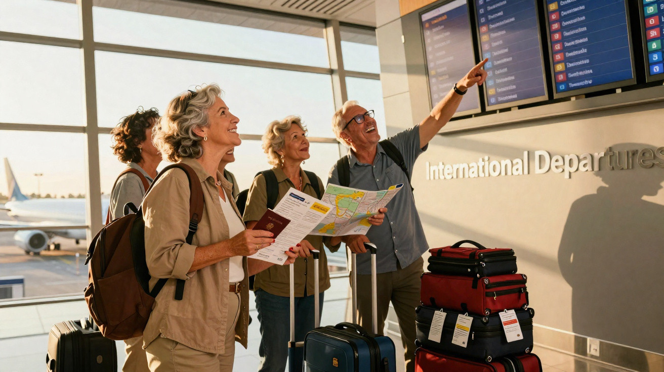 Group of elderly travellers checking flight information at international departures with luggage and maps at airport terminal