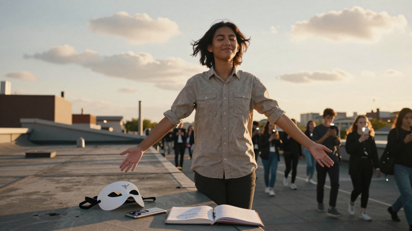 Person standing with eyes closed and arms outstretched on rooftop at sunset, book and mask nearby.