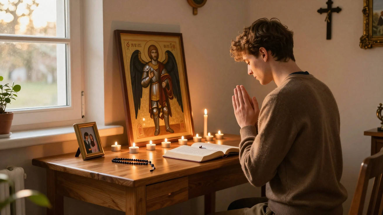 Young man praying at wooden desk with open Bible, candles, rosary, and religious icons in a softly lit room.