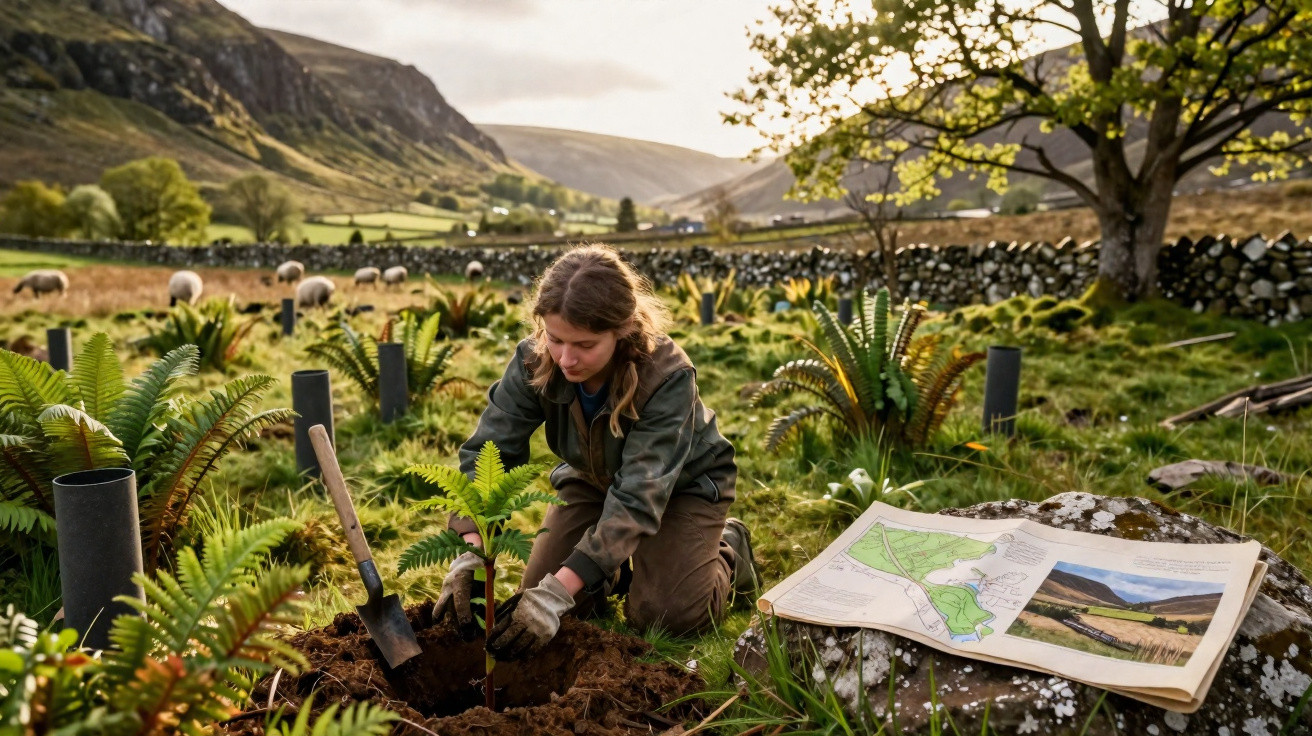 Young woman planting a tree sapling in a rural field with hills and sheep in the background.