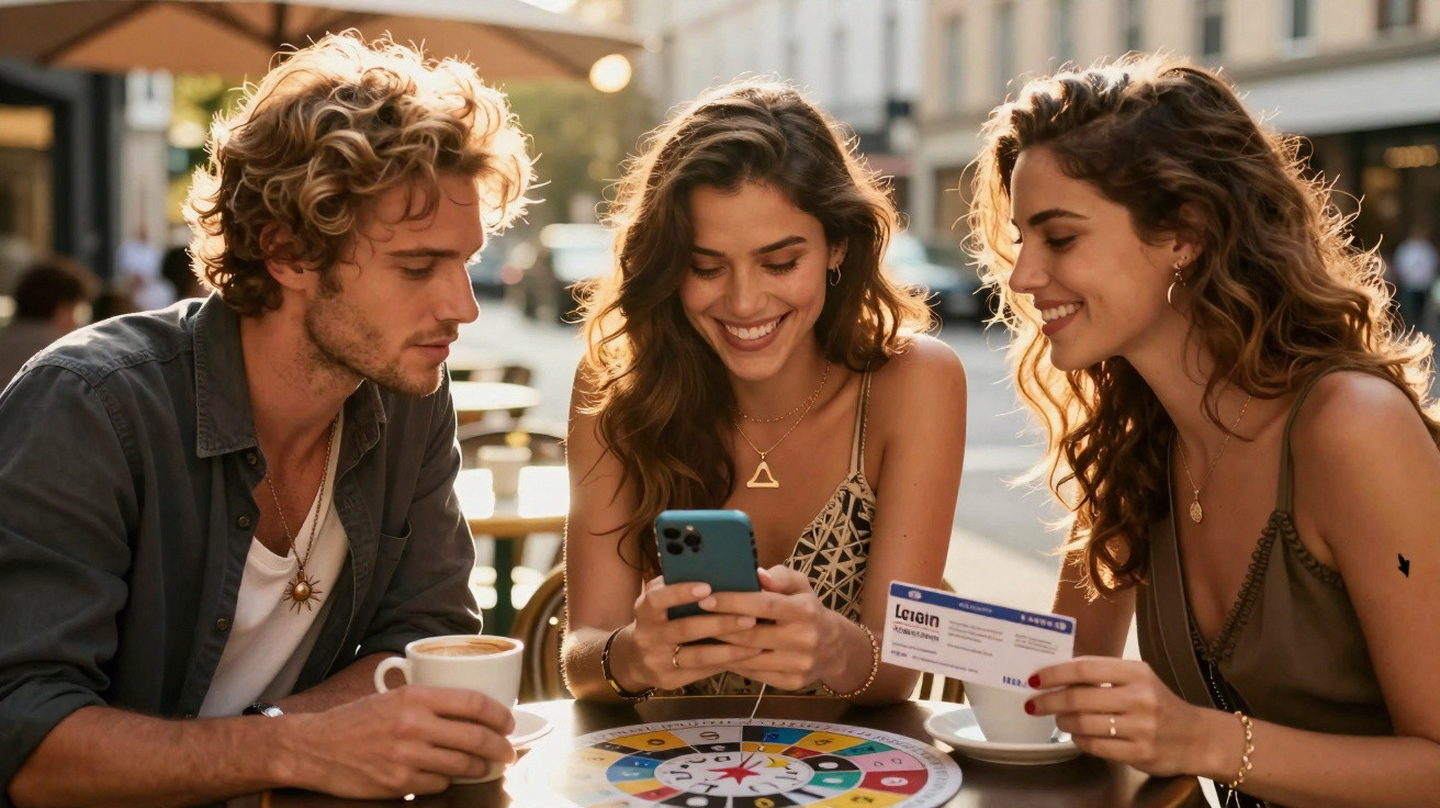 Three friends smiling at a phone while sitting outdoors with board game and coffee cups on the table.