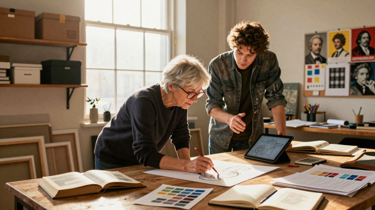 Two people collaborate on a design project at a table with sketches, colour samples, books, and a digital tablet.