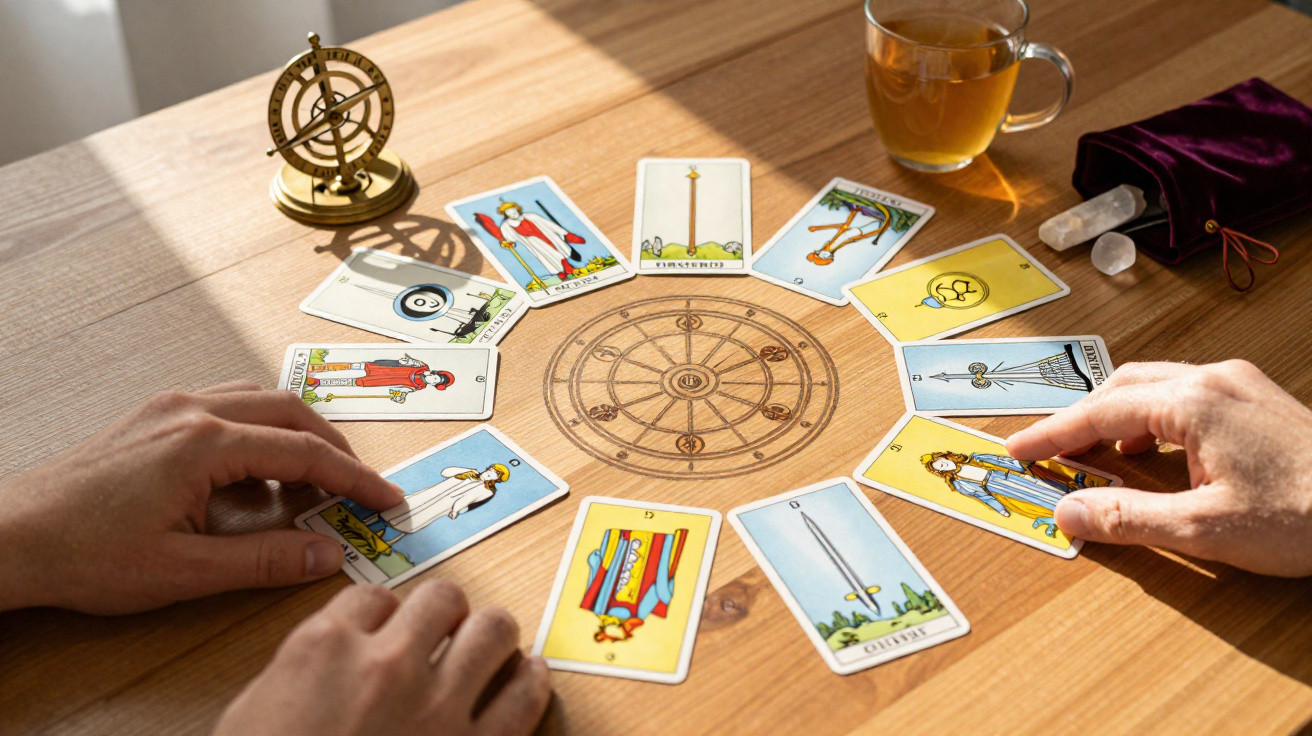 Two hands near tarot cards arranged in a circle on a wooden table with a cup of tea and crystals nearby